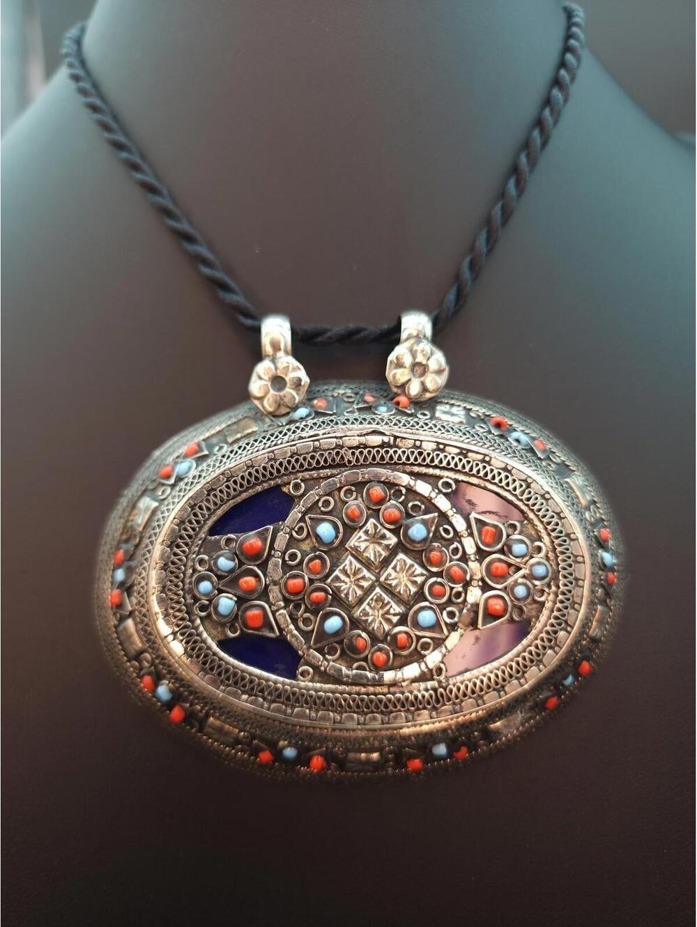 Vintage Afghan Kuchi Silver Necklace - Turquoise & Coral Inlay - 148g Handmade